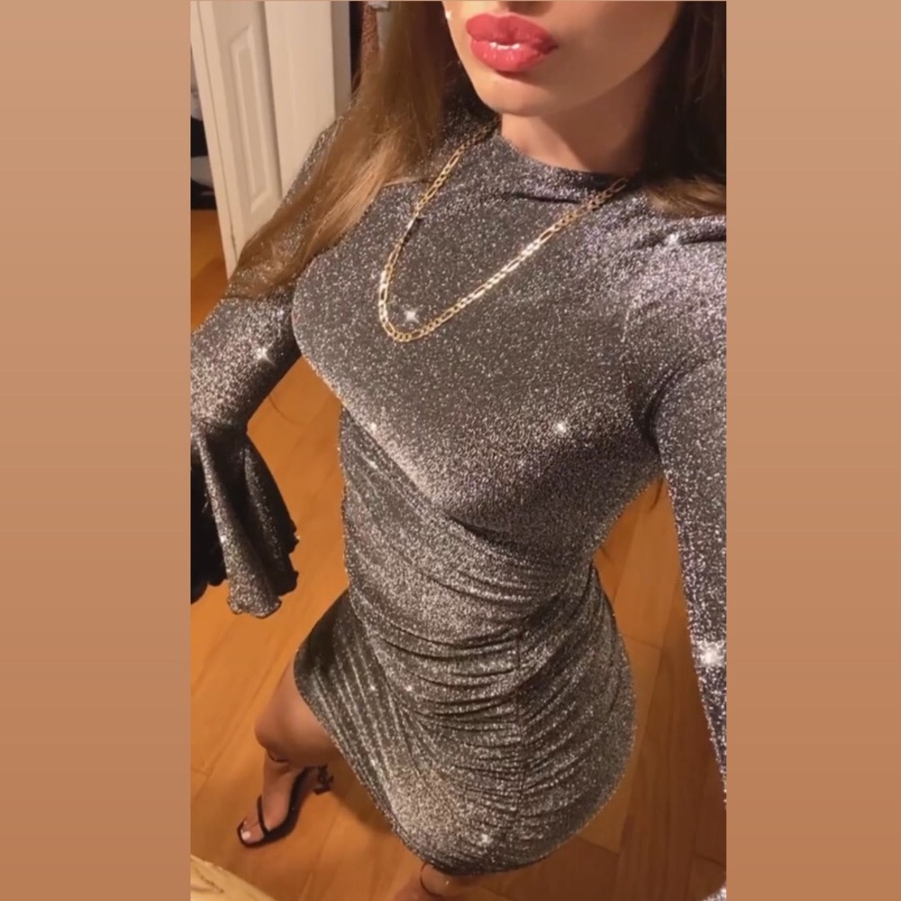 Sparkly grey bell sleeve mini dress